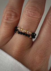 Set of Three Elastic Natural Stone Rings - Champagne Cubic Zirconia and Rhodonite