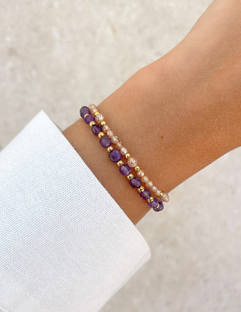 Bransoletki na gumce - cyrkonia szampańska, ametyst z hematytem