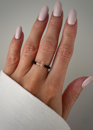 Pierścionek elastyczny czarny turmalin, kryształ górski, ochrona i oczyszczenie