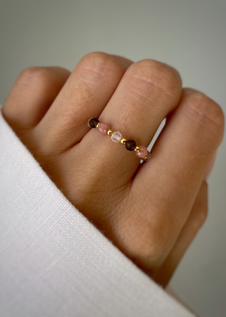 Pierścionek elastyczny kwarc dymny, kryształ górski, rodochrozyt - miłość, ochrona, spokój, oczyszczenie