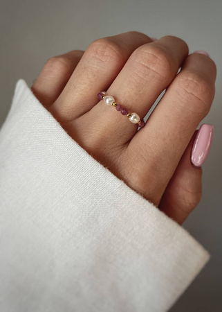 Pierścionek Elastyczny Kamienie Naturalne Turmalin Srebro Pozłacane