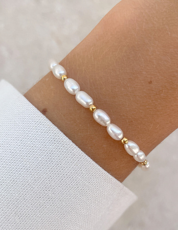 Bransoletka na gumce z perłami Bella z hematytem - bogactwo, odrodzenie, radość