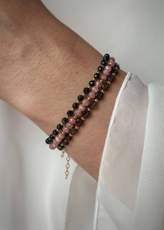 Zestaw Trzech Bransoletek z zapięciem - Spinel, Rodochrozyt, Kwarc Dymny