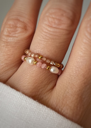 Set of Three Elastic Natural Stone Rings - Champagne Cubic Zirconia and Rhodonite