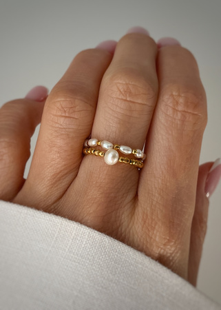 Set of Three Elastic Natural Stone Rings - Champagne Cubic Zirconia and Rhodonite