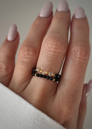 Set of Three Elastic Natural Stone Rings - Champagne Cubic Zirconia and Rhodonite