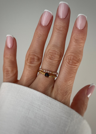 Set of Three Elastic Natural Stone Rings - Champagne Cubic Zirconia and Rhodonite