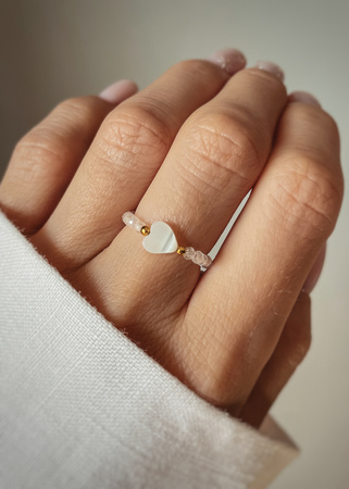 Pierścionek elastyczny kamienie naturalne Kryształ Górski, Masa Perłowa