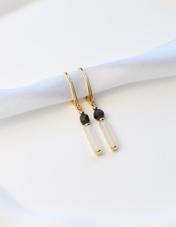 Kolczyki pozłacane - Kwarc Dymny, Biały Agat