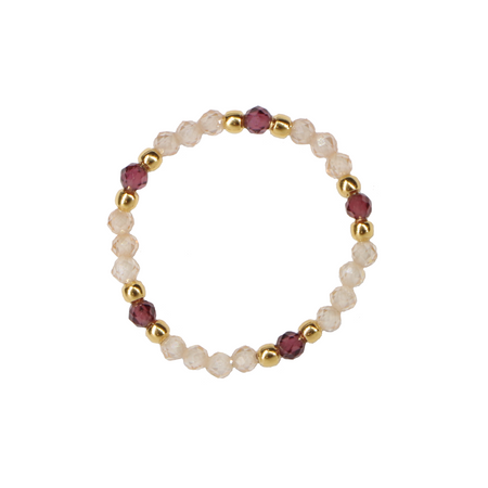 Pierścionek elastyczny kamienie naturalne cyrkonia beżowa i granat