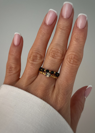 Set of Three Elastic Natural Stone Rings - Champagne Cubic Zirconia and Rhodonite