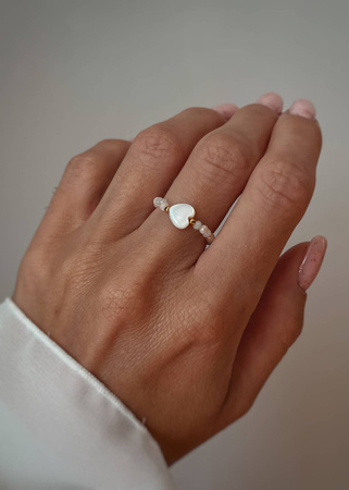 Pierścionek Elastyczny Kamienie Naturalne Morganit i Serce Srebro Pozłacane