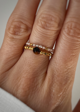 Set of Three Elastic Natural Stone Rings - Champagne Cubic Zirconia and Rhodonite