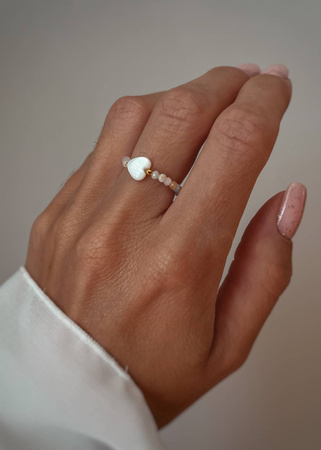 Pierścionek Elastyczny Kamienie Naturalne Morganit i Serce Srebro Pozłacane