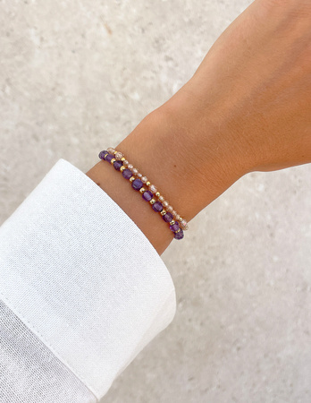 Bransoletki na gumce - cyrkonia szampańska, ametyst z hematytem