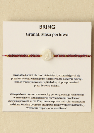Bransoletka na nici z granatu i róży z masy perłowej, obfitość, odwaga, pewność siebie