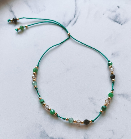 Bracelet natural stones zoisite with ruby ​​zircon, champagne, silk thread