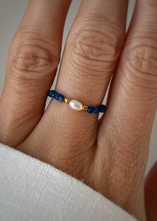 Pierścionek elastyczny lapis lazuli perła naturalna