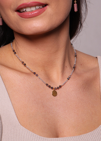 Naszyjnik labradoryt i lolit z zawieszką, ochrona, pewność siebie i intuicja