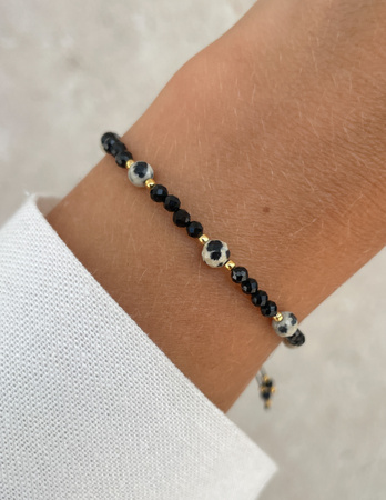 Bransoletka na nici z czarnym turmalinem z jaspisem dalmatyńskim - ochrona, odwaga, determinacja