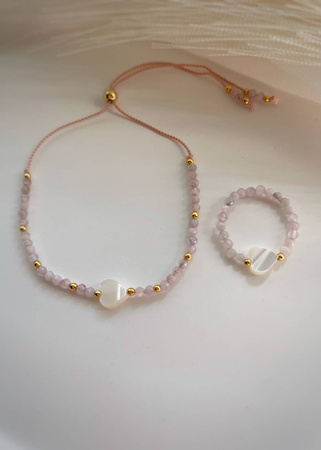 Bracelet and Ring Set - Rose Quartz, Rhodochrosite and Mother of Pearl
