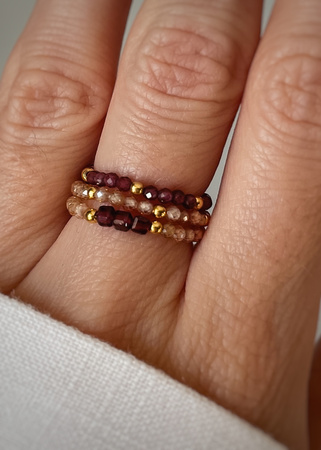 Set of Three Elastic Natural Stone Rings - Champagne Cubic Zirconia and Rhodonite