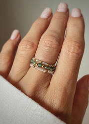 Set of Three Elastic Natural Stone Rings - Champagne Cubic Zirconia and Rhodonite