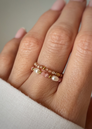 Set of Three Elastic Natural Stone Rings - Champagne Cubic Zirconia and Rhodonite