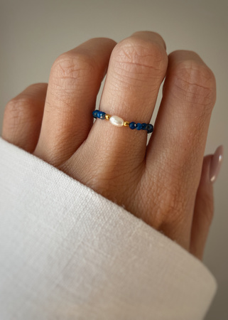 Pierścionek elastyczny lapis lazuli perła naturalna