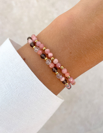 Bransoletki na gumce - rodochrozyt, kwarc dymny, kryształ górski z hematytem