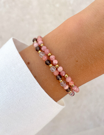 Bransoletki na gumce - rodochrozyt, kwarc dymny, kryształ górski z hematytem