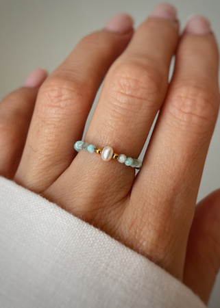 Pierścionek elastyczny larimar perła naturalna