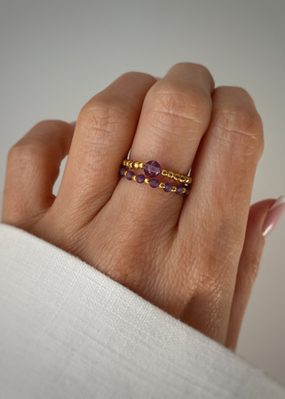 Set of Three Elastic Natural Stone Rings - Champagne Cubic Zirconia and Rhodonite