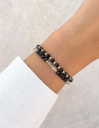 Bransoletki na gumce - czarny turmalin, labradoryt, kryształ górski z hematytem