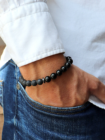 Bransoletka męska - czarny turmalin, lawa wulkaniczna, hematyt