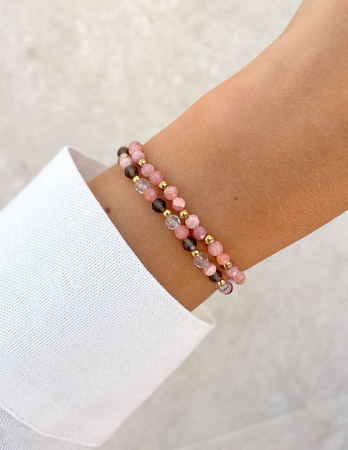 Bransoletki na gumce - rodochrozyt, kwarc dymny, kryształ górski z hematytem