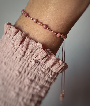 Bracelet natural stones rhodonite cubic zircon champagne silk thread