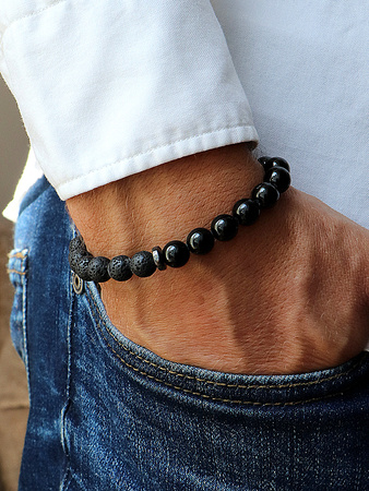 Bransoletka męska - czarny turmalin, lawa wulkaniczna, hematyt