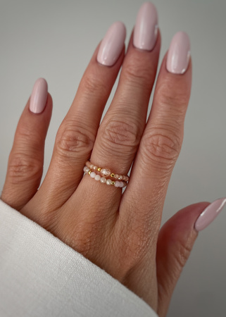 Set of Three Elastic Natural Stone Rings - Champagne Cubic Zirconia and Rhodonite