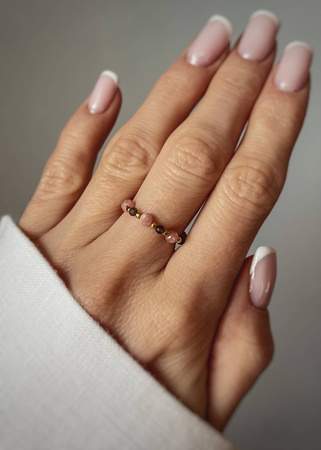 Elastic Ring Natural Stones Amazonite and Pearls Silver Gold Plated