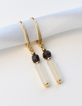 Kolczyki pozłacane - Kwarc Dymny, Biały Agat