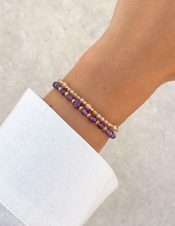 Bransoletki na gumce - cyrkonia szampańska, ametyst z hematytem