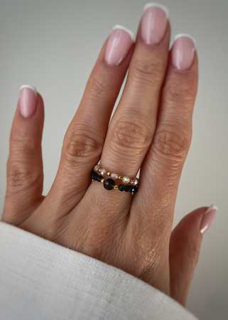 Set of Three Elastic Natural Stone Rings - Champagne Cubic Zirconia and Rhodonite