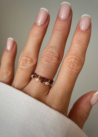 Set of Three Elastic Natural Stone Rings - Champagne Cubic Zirconia and Rhodonite