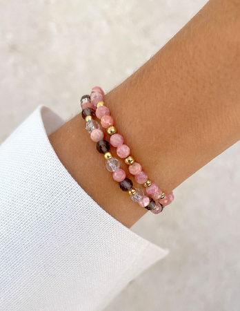 Bransoletki na gumce - rodochrozyt, kwarc dymny, kryształ górski z hematytem