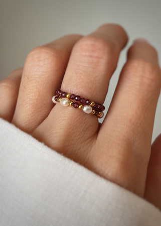 Set of Three Elastic Natural Stone Rings - Champagne Cubic Zirconia and Rhodonite