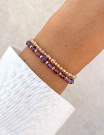 Bransoletki na gumce - cyrkonia szampańska, ametyst z hematytem