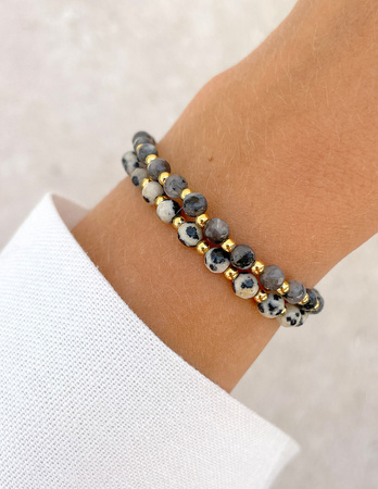 Bransoletki na gumce - larvikit, jaspis dalmatyński z hematytem