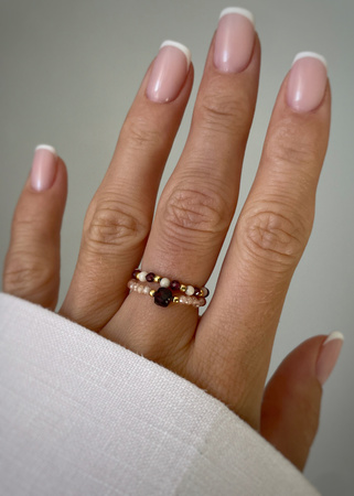 Set of Three Elastic Natural Stone Rings - Champagne Cubic Zirconia and Rhodonite