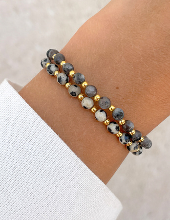 Bransoletki na gumce - larvikit, jaspis dalmatyński z hematytem